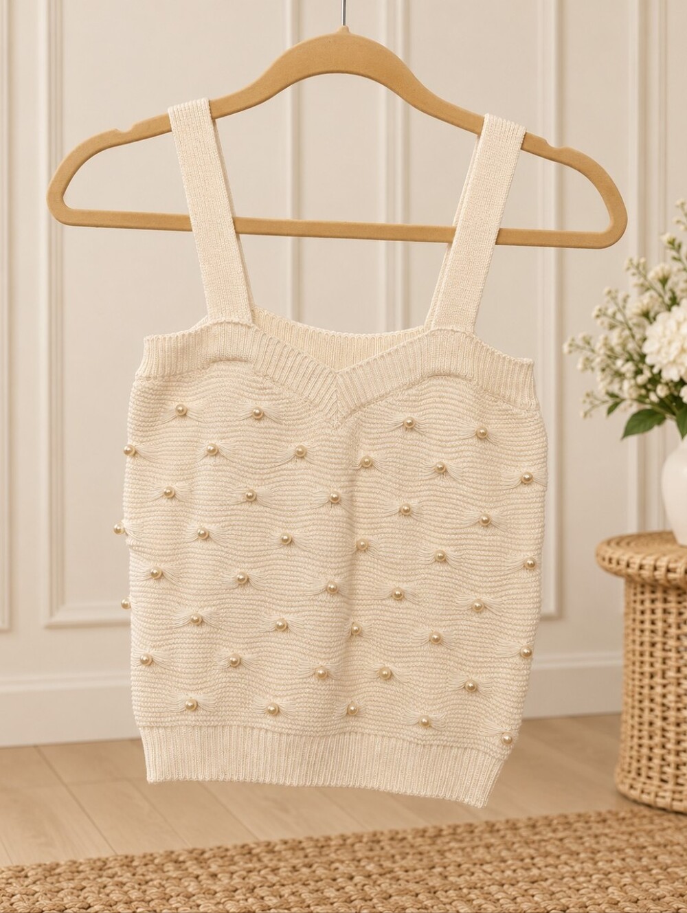 First Chance Collection Pearl Embellished Ivory Knit Tank Top Estimated Small